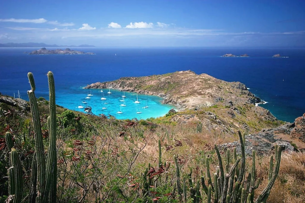 Luxury yacht anchored near St. Barths, with turquoise waters, white-sand beaches, and upscale beachfront villas nestled along the hills.
