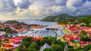 Gustavia Marina in St. Barths, a vibrant hub for luxury yachts and festive celebrations during Christmas and New Year’s.
