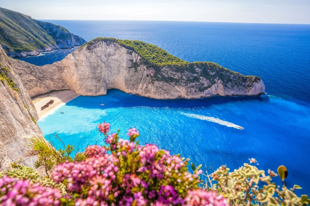 Luxury yacht cruising near Zakynthos with vibrant Ionian Sea waters, dramatic cliffs, and lush island scenery with hints of Corfu in the distance.