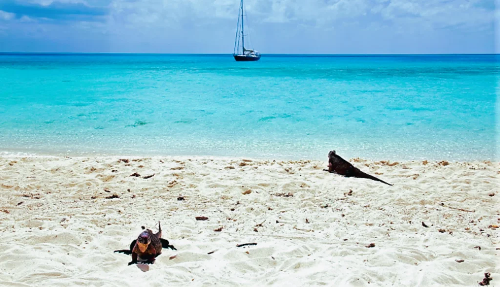 Luxury yacht cruising near Exuma Cays in the Bahamas, with sparkling turquoise waters, scattered idyllic islands, and breathtaking Caribbean views.