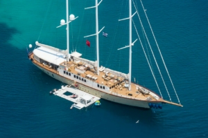 Traditional wooden gulet sailing through clear blue waters along the Turkish and Greek coastlines, with sun-soaked decks and scenic views.