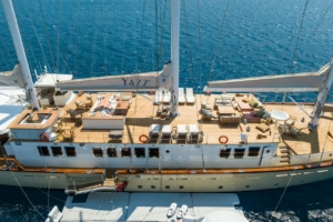 Traditional wooden gulet sailing through clear blue waters along the Turkish and Greek coastlines, with sun-soaked decks and scenic views.