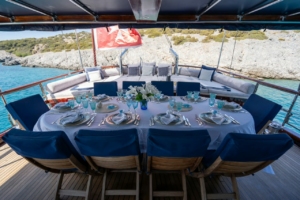 Traditional gulet yacht sailing on crystal-clear Mediterranean waters, with scenic coastlines of Greece, Turkey, Croatia, and Sicily in the background.