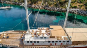 Traditional gulet yacht sailing on crystal-clear Mediterranean waters, with scenic coastlines of Greece, Turkey, Croatia, and Sicily in the background.