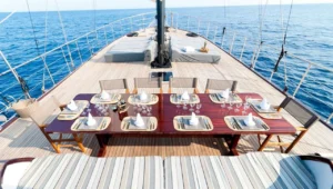Traditional gulet yacht sailing on crystal-clear Mediterranean waters, with scenic coastlines of Greece, Turkey, Croatia, and Sicily in the background.