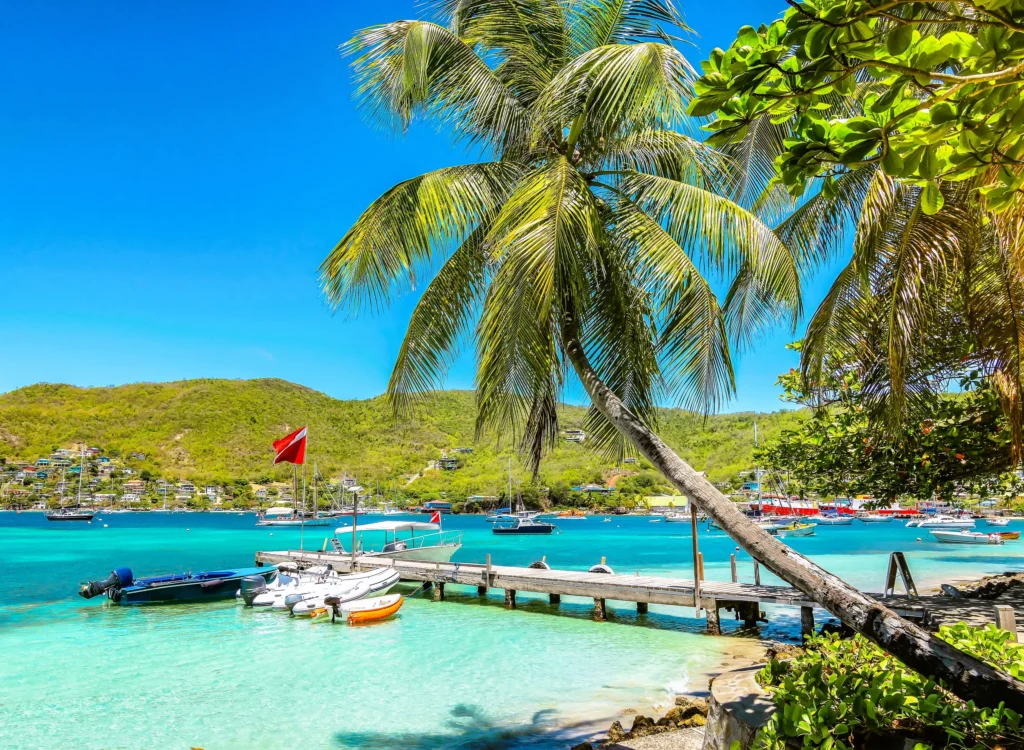 Luxury yacht anchored near Bequia in the Grenadines, with colorful seaside houses, lush hills, and clear turquoise waters.