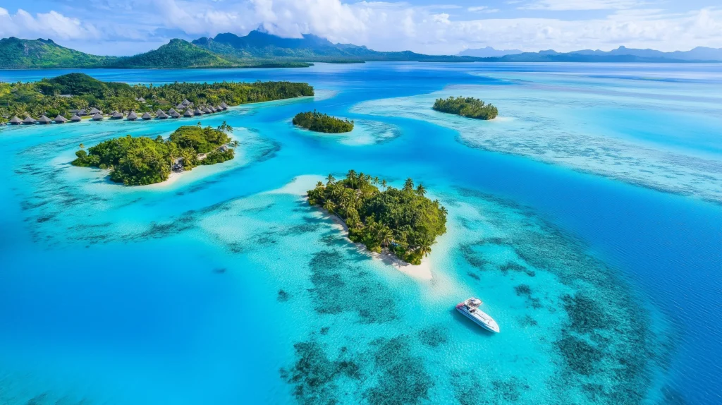 Luxury yacht anchored in Bora Bora, French Polynesia, surrounded by turquoise lagoons, overwater bungalows, and dramatic volcanic peaks.