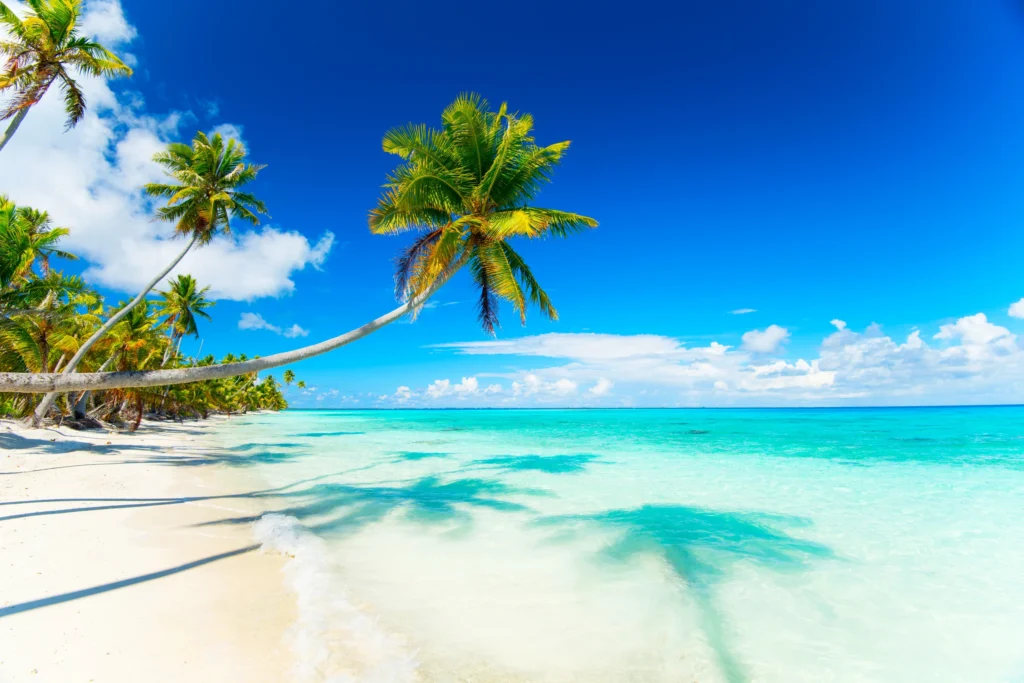 Luxury yacht anchored in Fakarava, Tuamotus, French Polynesia, surrounded by pristine coral reefs, turquoise lagoon waters, and remote islets.