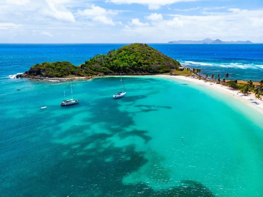Luxury yacht anchored near Mayreau in the Grenadines, with crystal-clear waters, soft sandy beaches, and a peaceful island landscape.