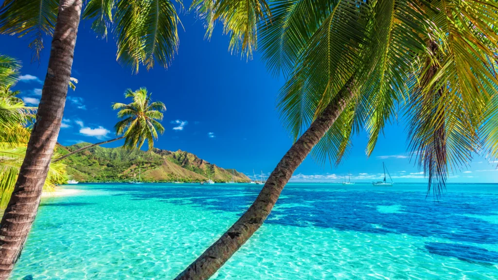 Luxury yacht anchored near Raiatea, Society Islands, French Polynesia, with emerald mountains, calm lagoon waters, and lush tropical coastline.