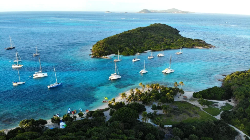 Luxury yacht anchored in the Tobago Cays, Grenadines, surrounded by turquoise lagoons, coral reefs, and uninhabited islets.